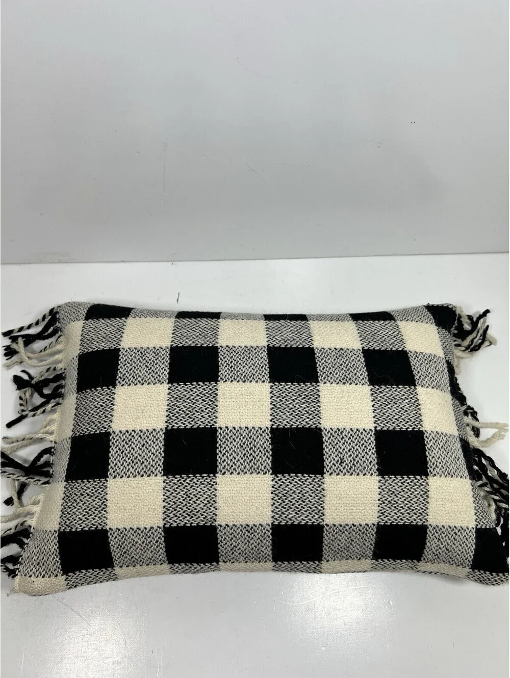 Ralph Lauren Cold Spring Alpaca Black Cream Fringed Decorative Pillow 12x18 Wool